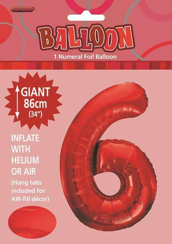 Red "6" Numeral Foil Balloon 86cm (34"